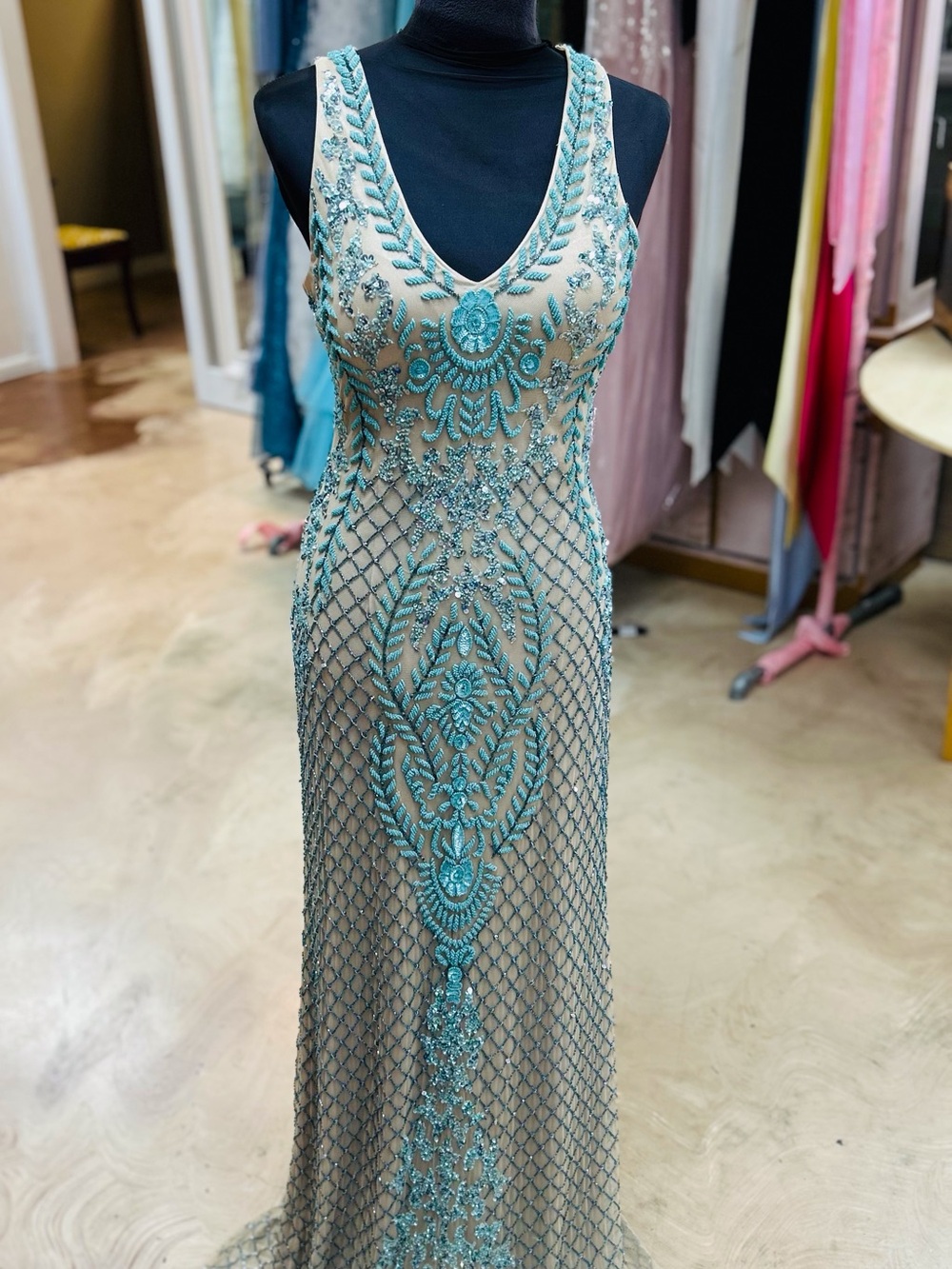 LARA Aqua Beaded Mesh Maxi Dress